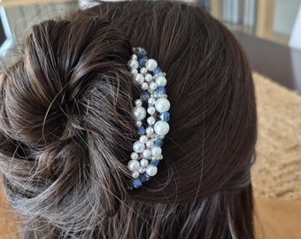 Fancy Pearl & Crystal Beaded Hair Comb for Updo Hairstyles- Blue