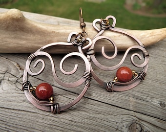 wire wrapped earrings, handcrafted earrings, natural stone earrings, wire wrapped jewelry handmade, earthy, fire agate, hand crafted jewelry