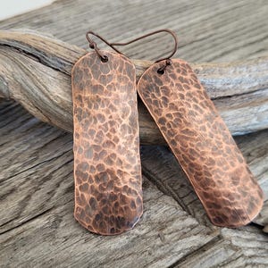 Hammered Copper Bar Earrings, Lightweight Tribal Dangle Jewelry