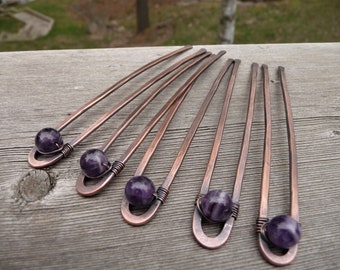 Amethyst Hair Pins for Buns, Copper Hair Forks, Set of 5