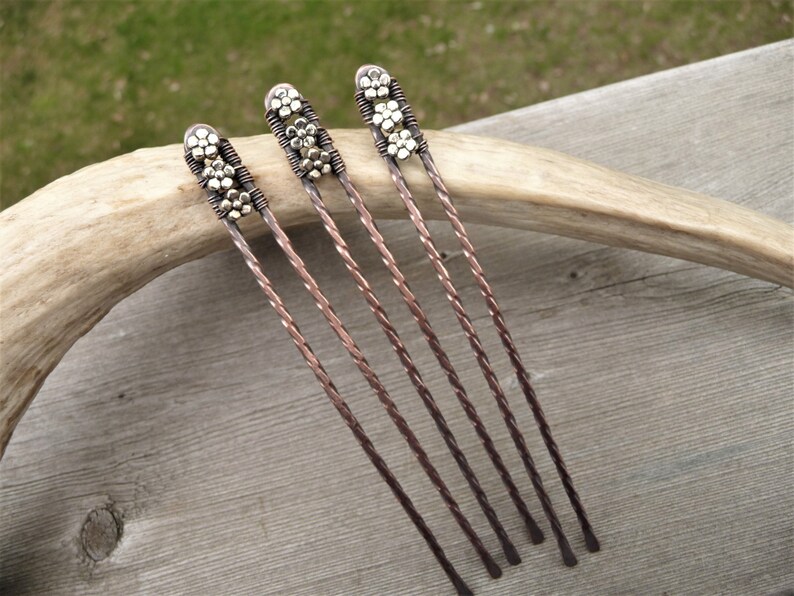 Metal french hair pins set of 3 copper hair fork silver Etsy