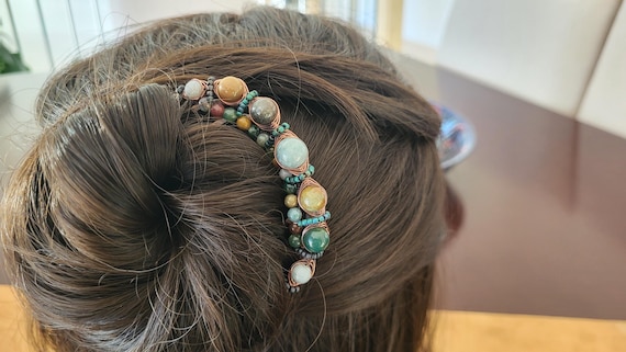 India Agate Stone Hair Comb Fork, Copper Chignon Pin