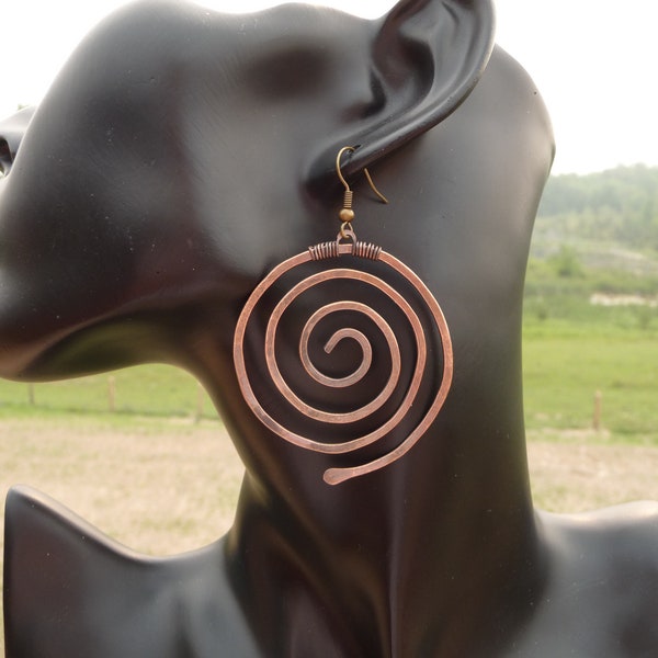 large spiral earrings, lightweight, circle earrings, tribal earrings, copper bronze earrings, handmade jewelry, dangle hoop jewellery canada