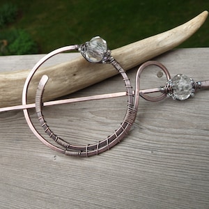 Celtic Copper Hair Slide: Wire Wrapped Shawl Pin with Czech Glass