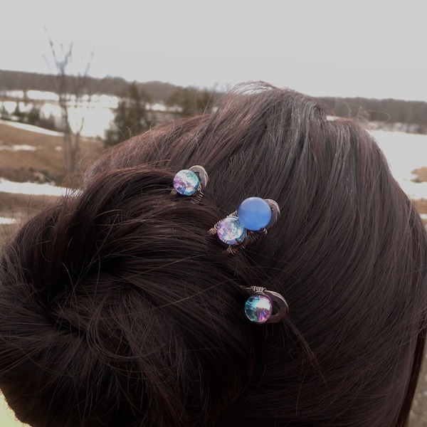 crackle glass hair pins set, beautiful blues and pinks, u hair forks, functional mini hair sticks, bun accessories for women, small or large