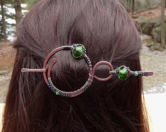 celtic hair slide barrette or shawl pin with stick, hair jewelry clips for women green beaded hair accessory gift long thick hair updo pins