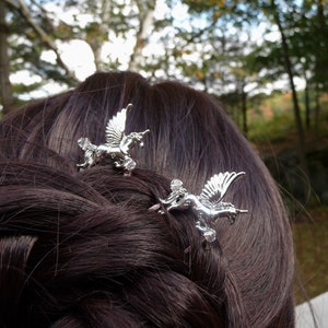 silver unicorn with wings hair forks set, fantasy hair accessories for women, gifts, bun pins, horse unicorn jewellery, hair stick, hairpin