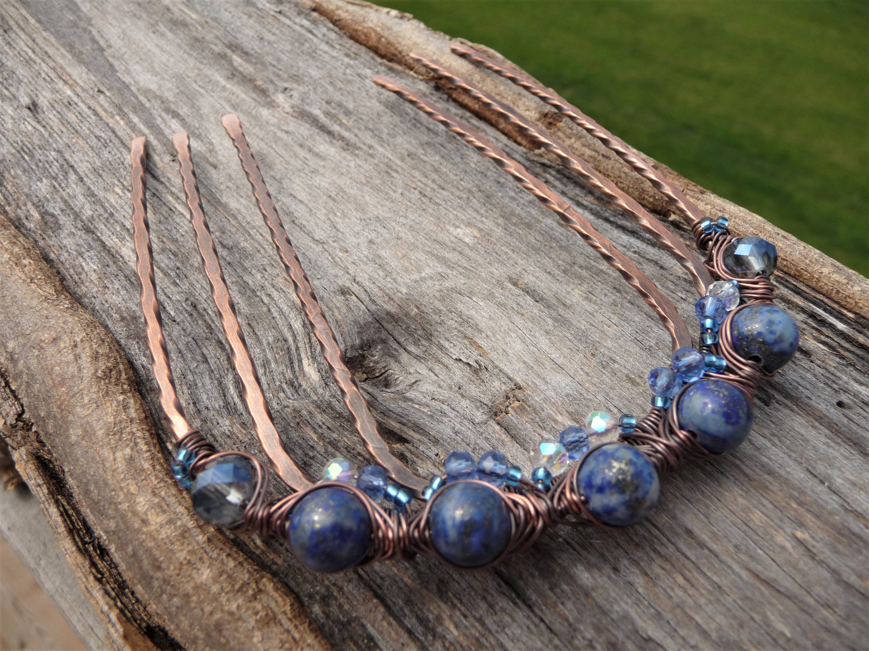 Lapis Lazuli Hair Comb Fork: Patina Copper Crystal Hair  display picture 2