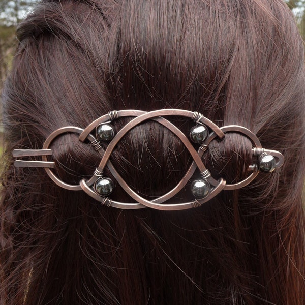 hair barrette, hair clip, hair clasp and pin, celtic hair clip, medieval viking, silver hematite mixed metal celtic jewellery for women gift