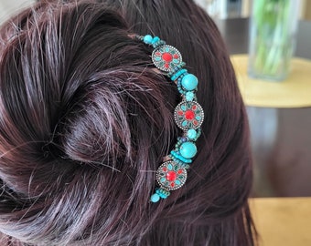 bright turquoise hair comb, beaded updo hair fork, accessory for long hair, bun holder, hair jewlery, hair pin, hair stick forks