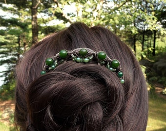 jade hair comb fork, hair stick pin for buns 3 inch hair holder hairpin handmade green beaded stone accessory womens wire wrap fancy woven