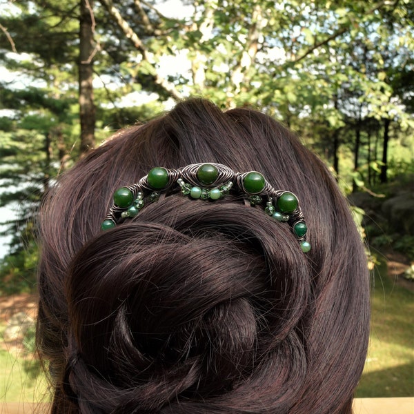 Jade Beaded Hair Fork Comb: Handmade Copper Wire Wrap