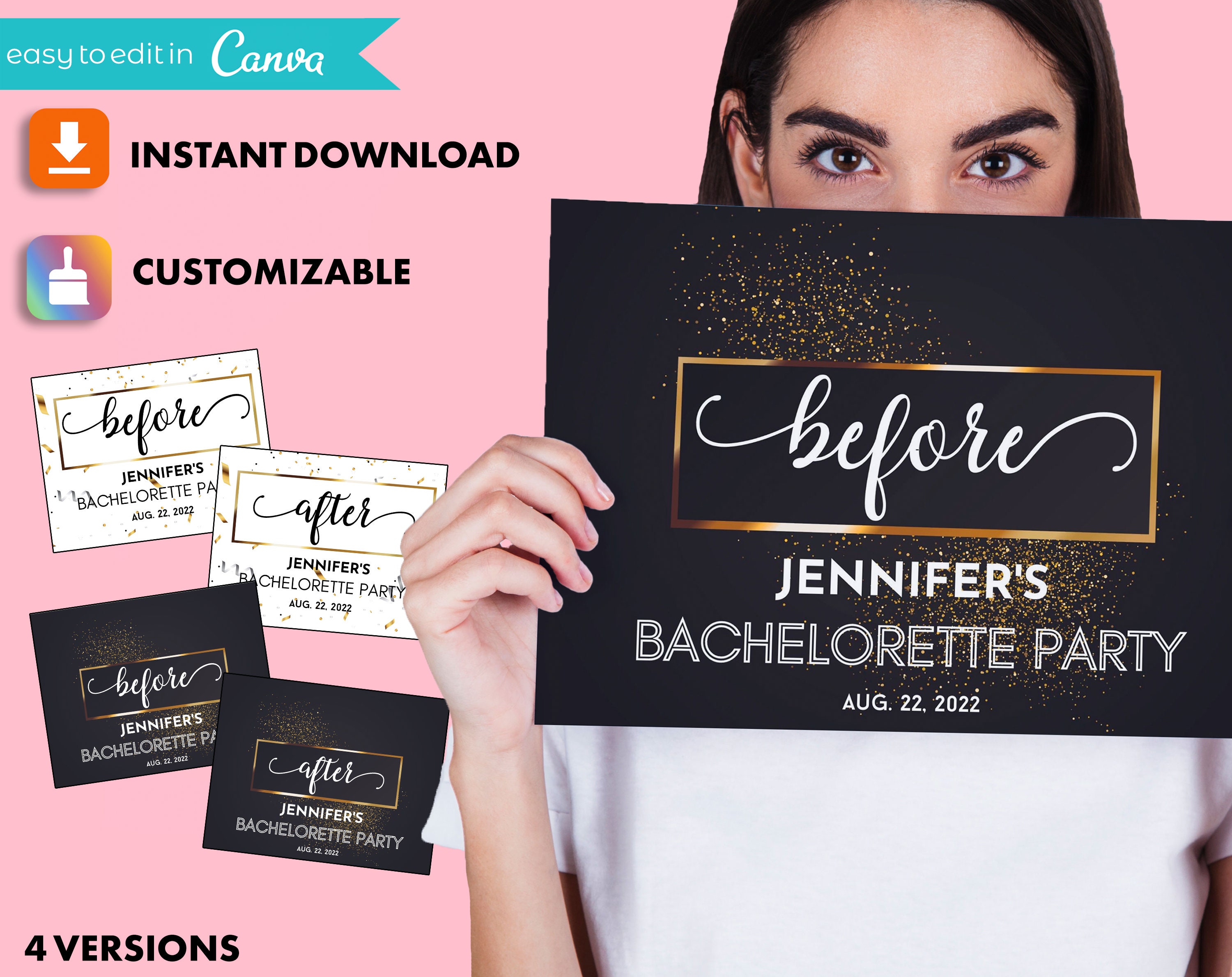 Printable Bachelorette Party Before + After Photo Prop Signs | 4 Templates Instant Download, Customize in CANVA + Print