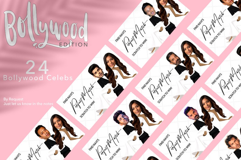May include: A set of 24 game cards featuring Bollywood celebrities. Each card has a photo of a celebrity couple and the text "Find Navis Perfect Match" and "Scratch to Win!"