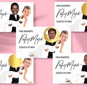 May include: Four white cards with a gold circle and a cartoon image of a couple. The text on the cards reads "Find Jennifer's Perfect Match. Scratch to Win!"