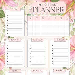 Traditional Weekly Planner, Printable, Floral Weekly Schedule, Week At a Glance, Weekly Organiser, Office Planner, Desk Planner, A4/Letter