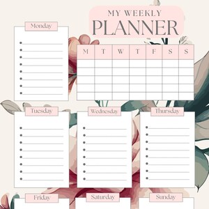 Traditional Weekly Planner, Printable, Floral Weekly Schedule, Week At a Glance, Weekly Organiser, Office Planner, Desk Planner, A4/Letter