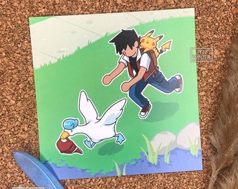 May include: A cartoon illustration of a young person with brown hair wearing a red shirt and blue jeans. The person is running with a yellow Pikachu Pokemon on their back. A white goose with a blue head is on the ground in front of the person.