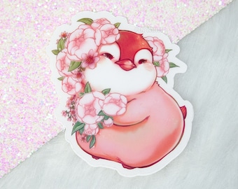 Princess Penguin Bride Clear Sticker, 3", pink flower