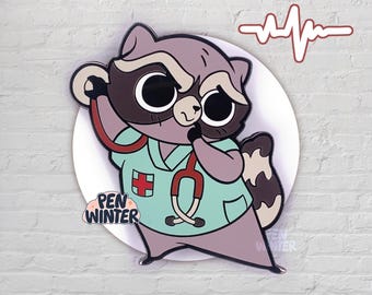 May include: A cartoon raccoon wearing a light blue medical scrubs with a red cross and a stethoscope. The raccoon has a serious expression on its face and is holding the stethoscope in its paw. The background is a white circle with a red heartbeat graphic.