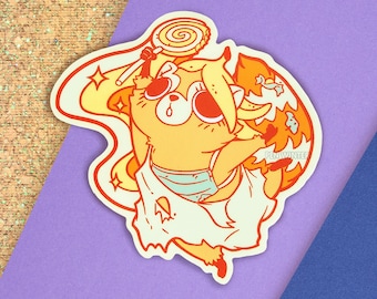 May include: A yellow and orange cartoon fox wearing a white dress with a blue and white striped pattern. The fox is holding a lollipop with a swirl design. The fox is surrounded by a yellow and orange halo with stars. The text "PENWINTER" is visible in the lower right corner of the image.