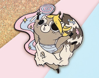 May include: A cartoon raccoon wearing a white dress with a blue and white striped pattern, holding a pink and white lollipop. The raccoon has a yellow banana on its head and is surrounded by a pink and blue glitter swirl.
