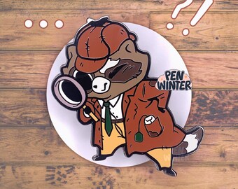 May include: A cartoon raccoon detective wearing a brown coat, red hat, and holding a magnifying glass. The raccoon has a serious expression on its face. The background is a white circle with a brown wooden surface.