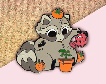 May include: A gray raccoon with a red watering can, watering a green plant in a brown pot. The raccoon is wearing a small orange hat and has a brown tail. The background is a sparkly pink and gold.