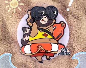 May include: A cartoon raccoon wearing a yellow lifeguard shirt and red shorts, holding binoculars and a red life preserver. The raccoon is standing on a white circle with a blue wave pattern in the background. The text "PEN WINTER" is on the life preserver.