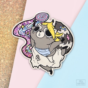 Glitter magische wasbeer meisje vinylsticker 3"