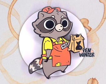 May include: A cartoon raccoon wearing a yellow shirt, red apron, and a red hat is holding a brown paper bag with the word "NO" on it. The raccoon has a black nose and big black eyes. The bag has a black rabbit inside.