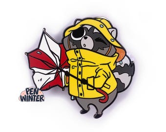 May include: A raccoon wearing a yellow raincoat and a yellow hat holds a red and white umbrella. The raccoon has a worried expression on its face. The text "PEN WINTER" is in the lower left corner of the image.