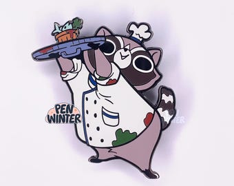 May include: A cartoon raccoon wearing a chef's hat and a white chef's coat with green and red splatters. The raccoon is holding a tray with a plate of food on it. The raccoon is smiling and has a mischievous look on its face. The text "PEN WINTER" is visible in the lower left corner of the image.