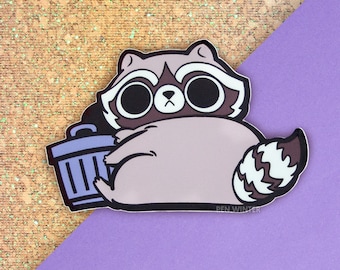 May include: A cartoon raccoon with big eyes and a trash can. The raccoon is gray with a black nose and a white stripe on its tail. The trash can is blue with a white lid.