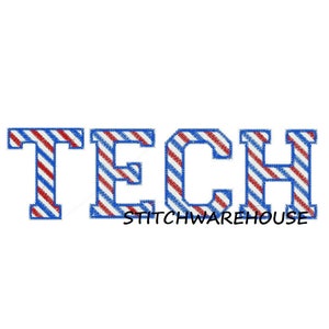 May include: The word "TECH" in blue outlined letters with a red and white striped pattern inside each letter.