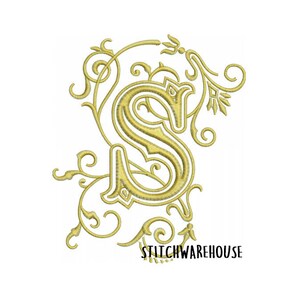 May include: Gold embroidered letter S with ornate floral embellishments. The letter is in a traditional script font and the design is reminiscent of a vintage monogram.