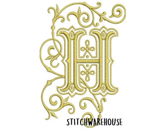 Elegante ricamo con lettera H: monogramma vintage (download digitale)