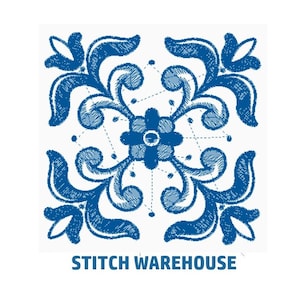 May include: Blue and white floral tile design with the text "STITCH WAREHOUSE" at the bottom.