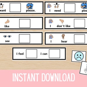 May include: A set of printable cards with illustrations and text. The cards feature phrases like "I want", "I need", "I like", "I don't like", "I see", "I hear", "I feel", and "I can".