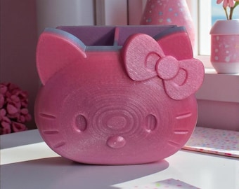 3D Printed Kawaii Cat Desk Organizer – Pink Ombre Pen Holder | Cute Cat-Shaped Storage Caddy | Teen Girl Desk Decor | Gamer Desk Accessory