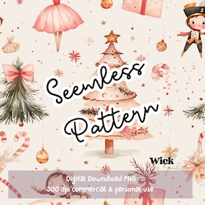 Puede incluir: Un patrón sin costuras que presenta un árbol de Navidad rosa, una bailarina, un cascanueces, bastones de caramelo y regalos. El patrón está sobre un fondo rosa claro con copos de nieve blancos. El texto "Seamless Pattern" está escrito en negro.