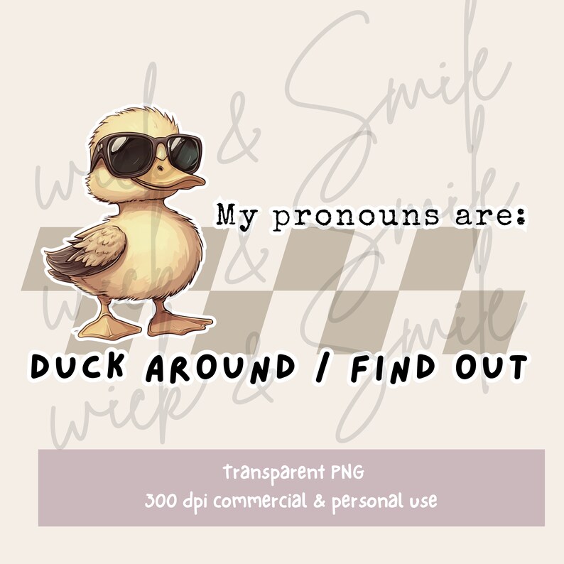 May include: A cartoon duck wearing sunglasses with the text "My pronouns are: DUCK AROUND / FIND OUT" on a checkered background.
