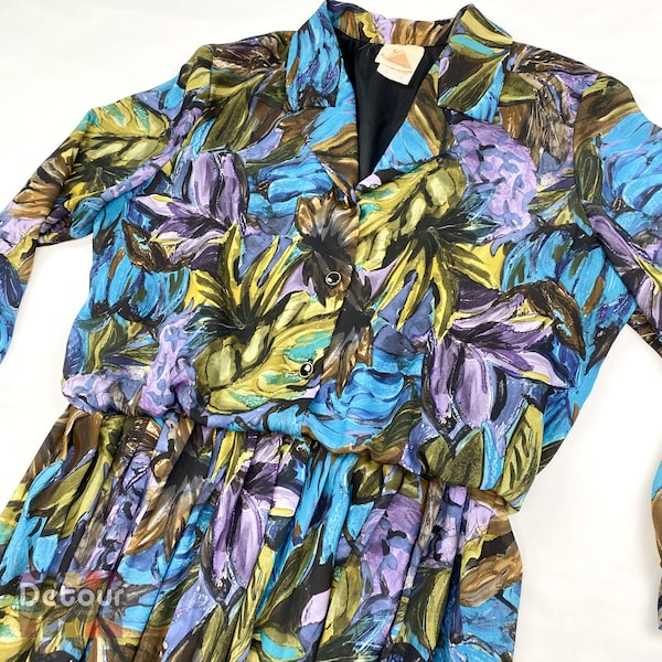 Vintage 1980s dress 80s blouson style robe abstract print gown long sleeved spring summer outfit Touch Class clothing retro apparel