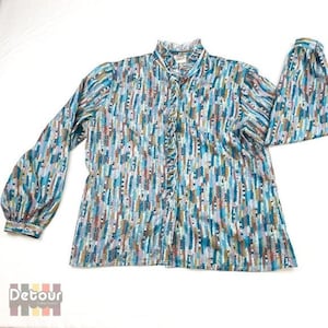 Vintage 1980s blouse 80s abstract print top size xl button down patterned dress shirt Third Dimension Fashions  collared multi colored