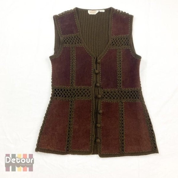 Vintage brown suede vest 1970s crocheted knitted sleeveless waistcoat 70s leather acrylic outwear womens clothing size small Walker Scott