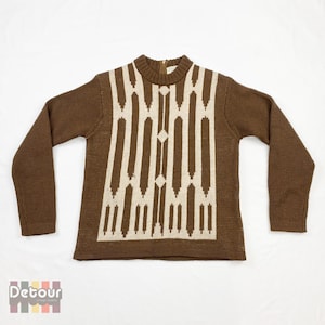 Vintage 1960s sweater 60s brown sweater geometric double knit white stag jumper knit pullover long sleeved thick warm winter wool clothing