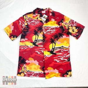 Vintage 1990s blouse 90s colourful Hawaiian print top plus size button down patterned dress shirt clothing collared red short sleeve cotton