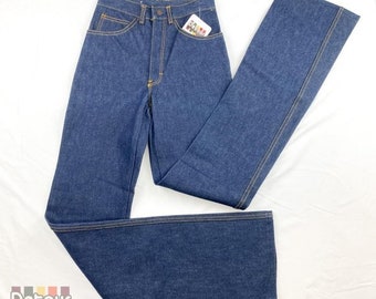 Vintage deadstock dark wash jeans, boot cut long legged denim, NWT pants, 1980s blue cotton, 80s new with tags, 24 waist 35.5” inseam