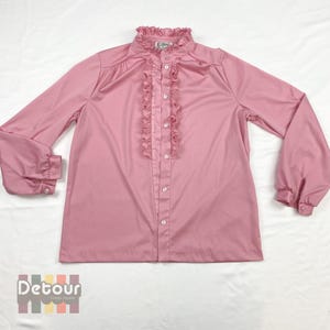 Vintage 1980s pink blouse 80s Victorian-style top button front shirt with ruffles tuxedo style clothing feminine top dressy wardrobe fancy