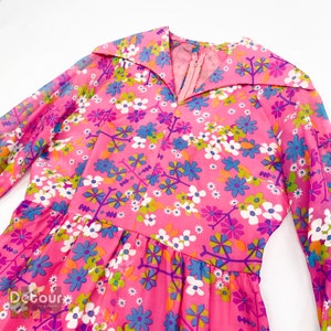 Vintage 1970s maxi dress 70s style robe floral print gown long sleeved spring summer outfit hot pink clothing retro apparel